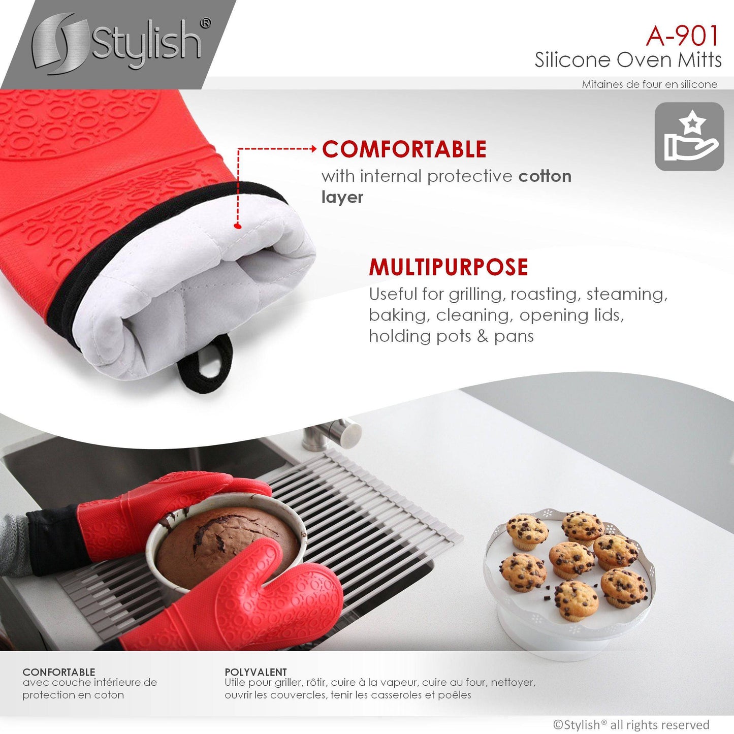 Stylish Heat Resistant Silicone Oven Mitts A-901-RED - Renoz