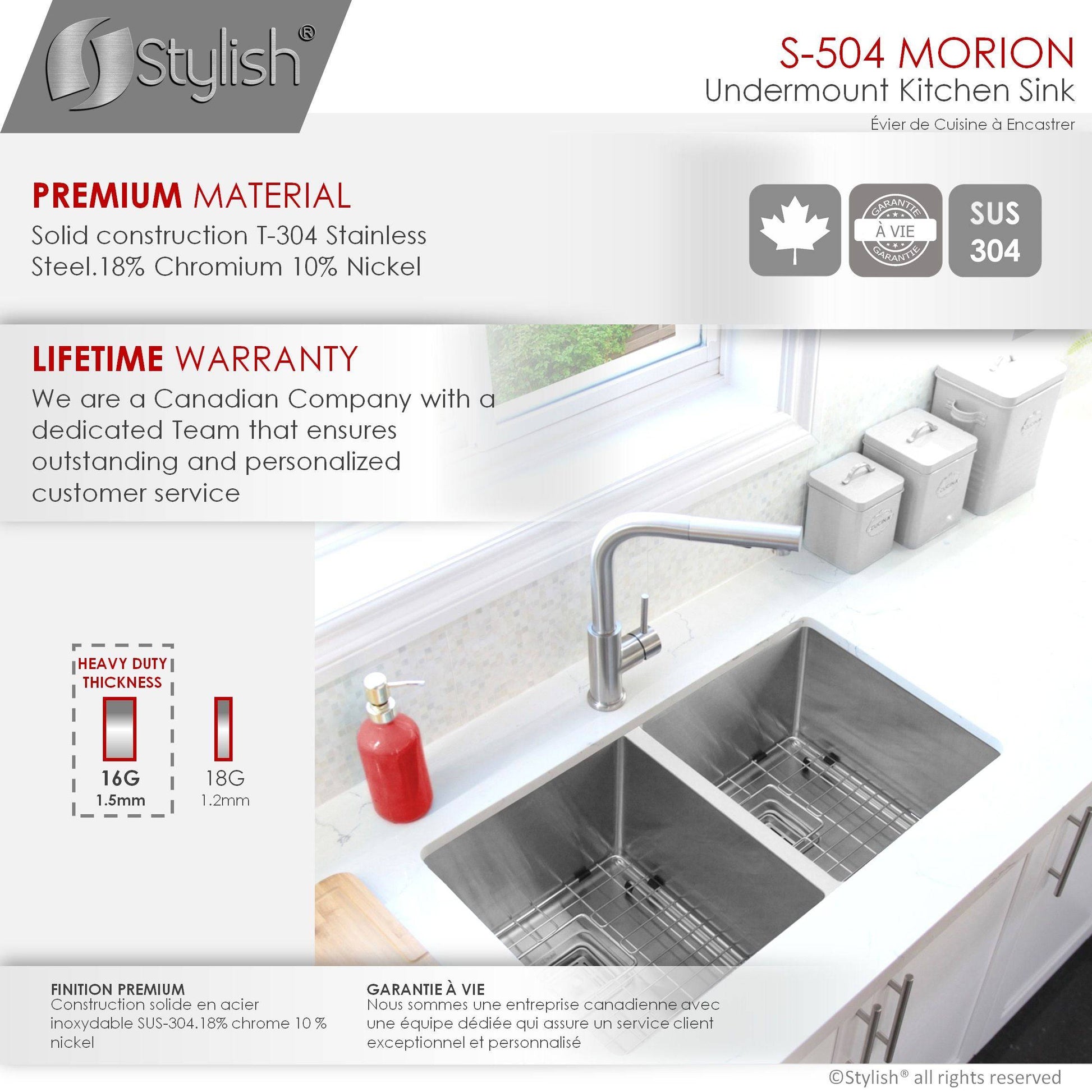 Stylish Morion 30" x 18" Double Bowl Stainless Steel Kitchen Sink with Square Strainers S-504XG - Renoz