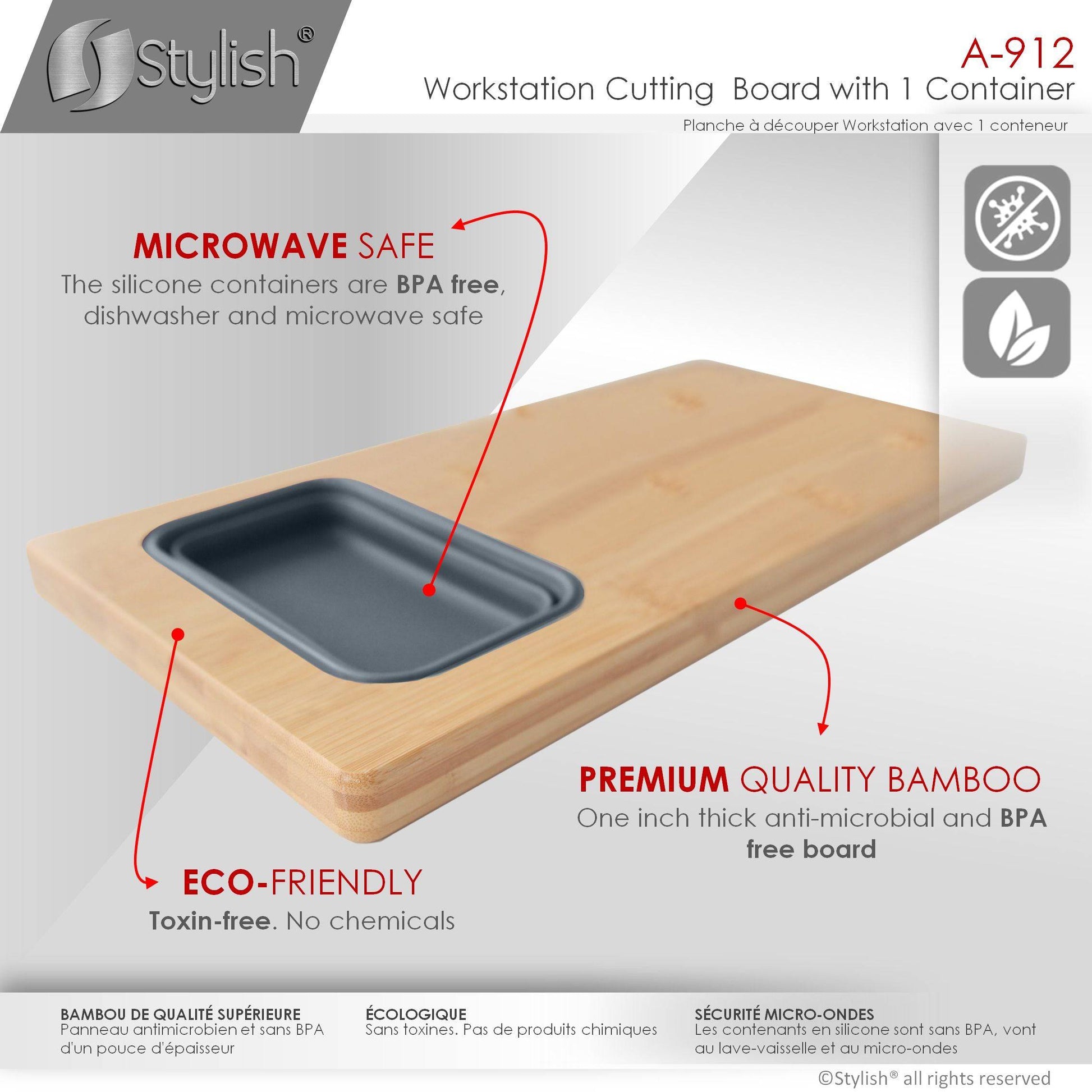 Stylish Workstation Cutting Board With 1 Container A-912 - Renoz