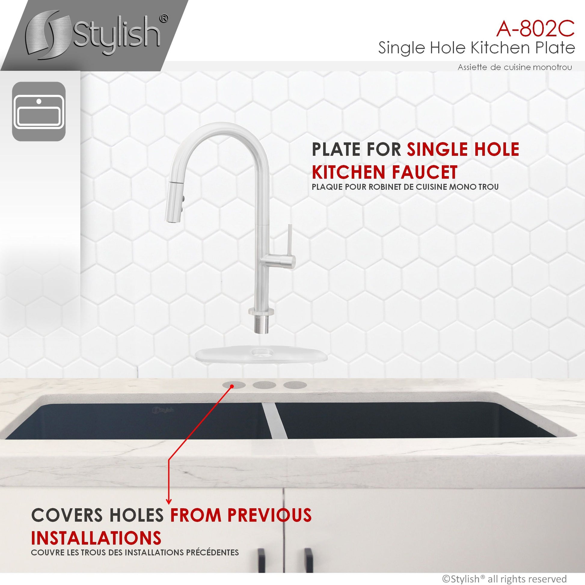 Stylish Kitchen Faucet Plate in Stainless Steel in Polished Chrome Finish A-802C - Renoz