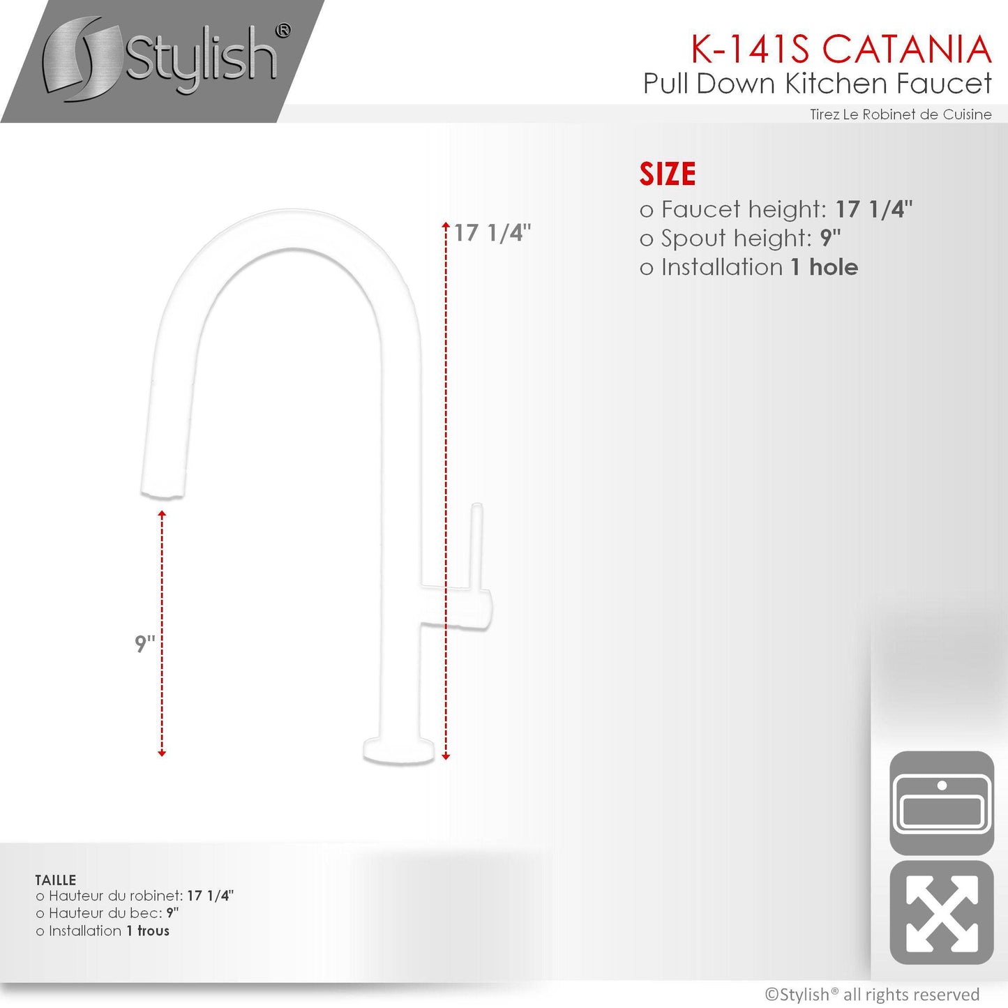 Stylish Catania 17.25" Kitchen Faucet Single Handle Pull Down Dual Mode Lead Free Matte Black with Silver Head and Handle Finish K-141NS - Renoz