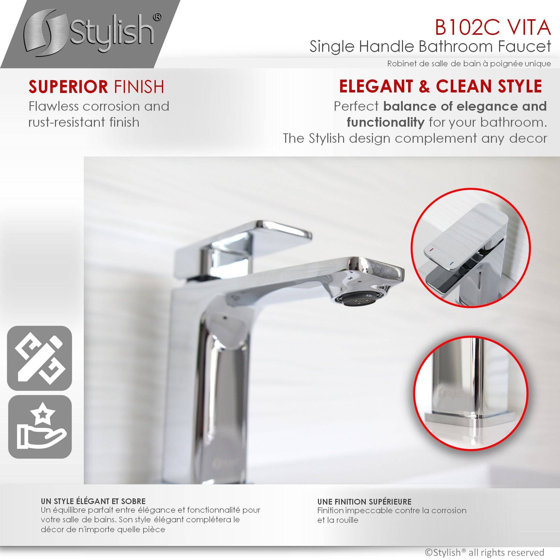 Stylish Vita Single Handle 6" Bathroom Faucet for Single Hole Brass Basin Mixer Tap, Polished Chrome Finish B-102C - Renoz