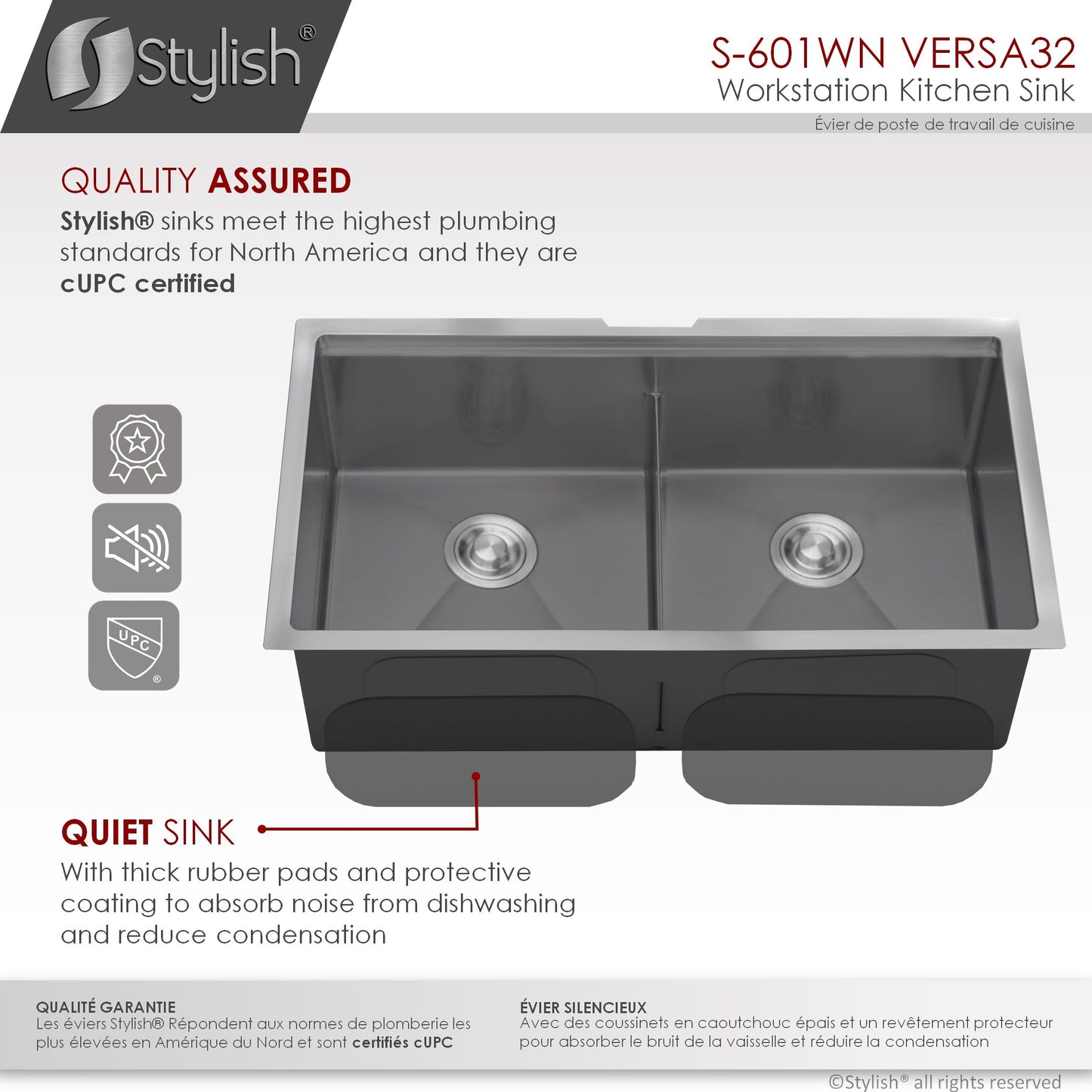 Stylish VERSA 32 32" x 19" Graphite Black Workstation Double Bowl Undermount 16 Gauge Stainless Steel Kitchen Sink with Built in Accessories, S-601WN