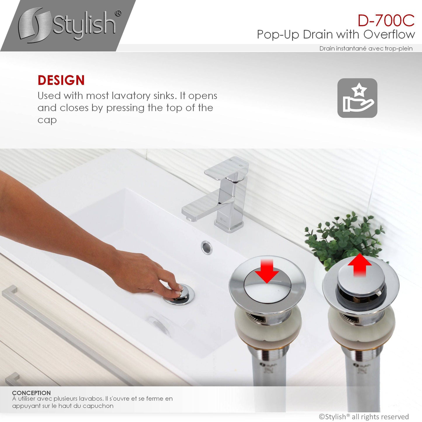 Stylish Pop-Up Drain with Overflow, Polished Chrome Finish D-700C - Renoz