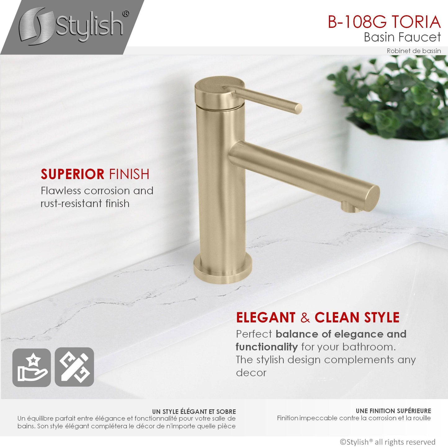 Stylish Toria 6" Single Handle Basin Bathroom Faucet in Brushed Gold Finish B-108G - Renoz