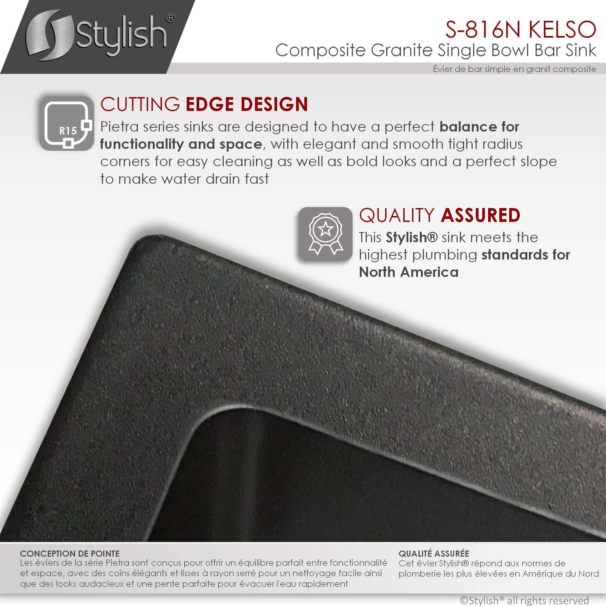 Stylish Kelso 15.5" x 17.5" Dual Mount Single Bowl Black Composite Granite Kitchen Sink with Strainer - Renoz