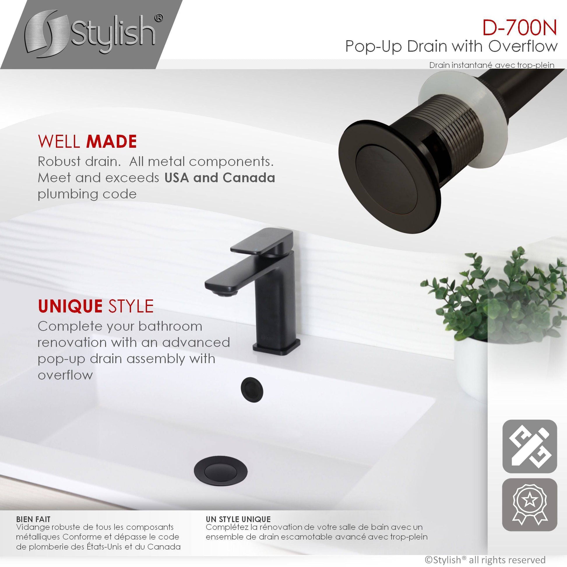 Stylish Pop-Up Drain with Overflow, Matte Black Finish D-700N - Renoz