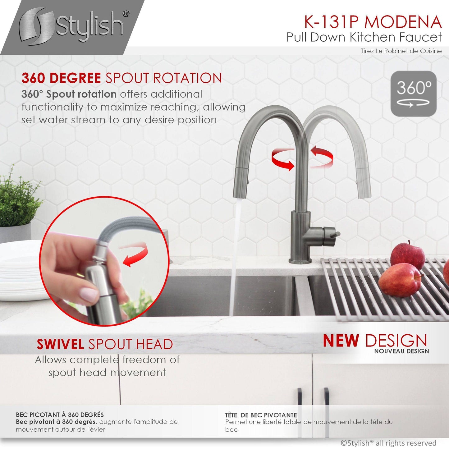 Stylish Modena 14" Kitchen Faucet Single Handle Pull Down Dual Mode Stainless Steel GunMetal Finish K-131P - Renoz