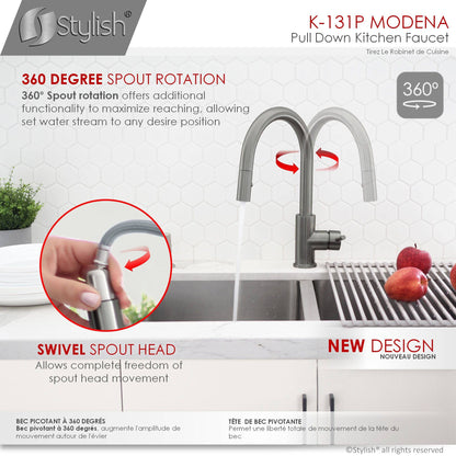 Stylish Modena 14" Kitchen Faucet Single Handle Pull Down Dual Mode Stainless Steel GunMetal Finish K-131P - Renoz