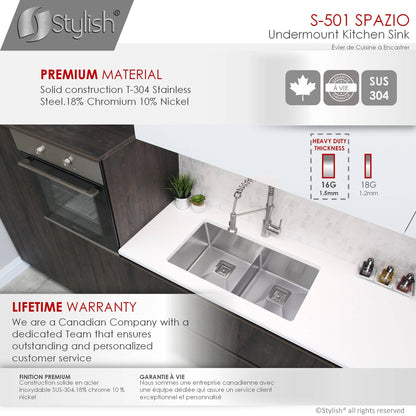 Stylish Spazio 33" x 18" Slim Low Divider Double Bowl Undermount Stainless Steel Kitchen Sink S-501XG - Renoz