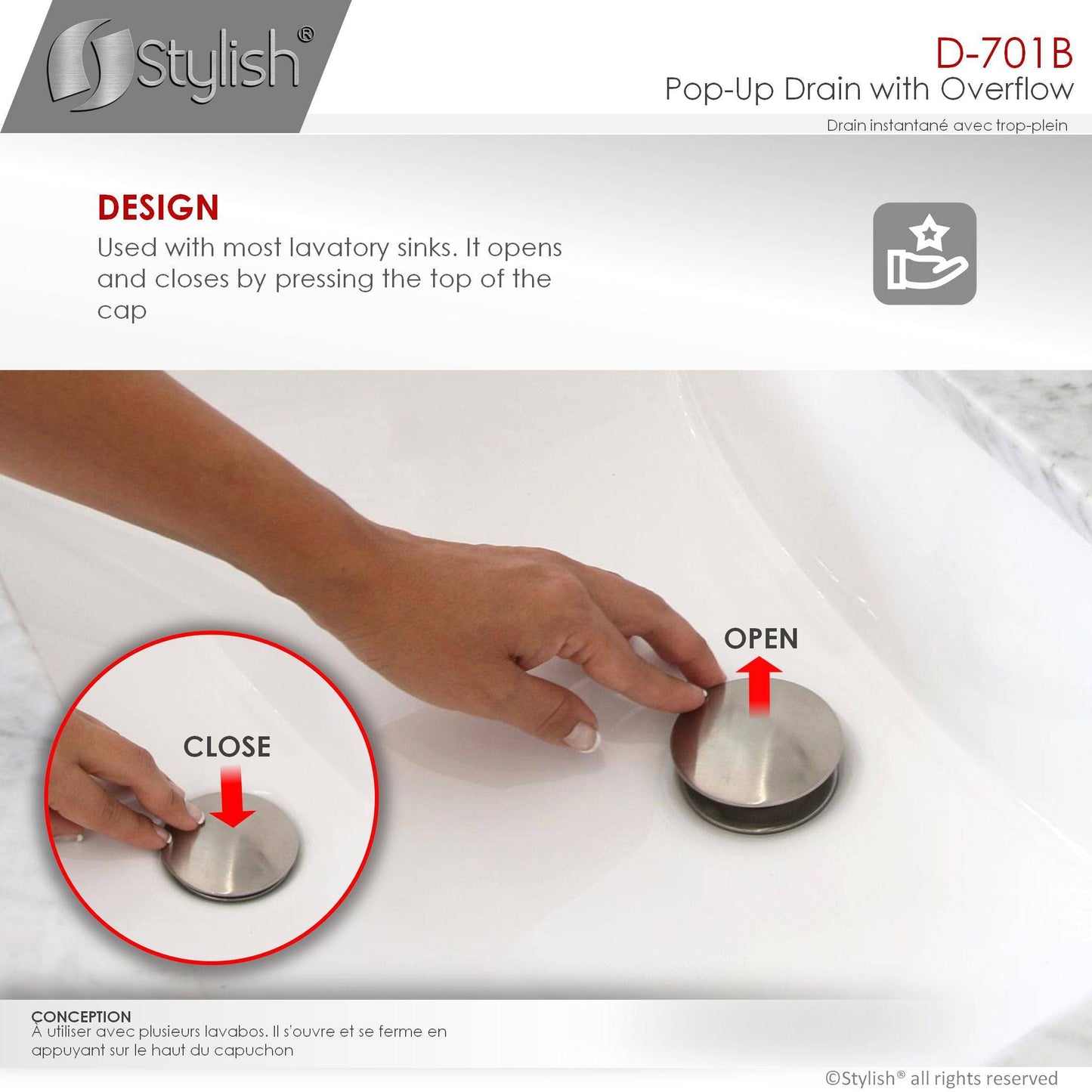 Stylish Pop-Up Drain with Overflow, Brushed Nickel Finish D-701B - Renoz