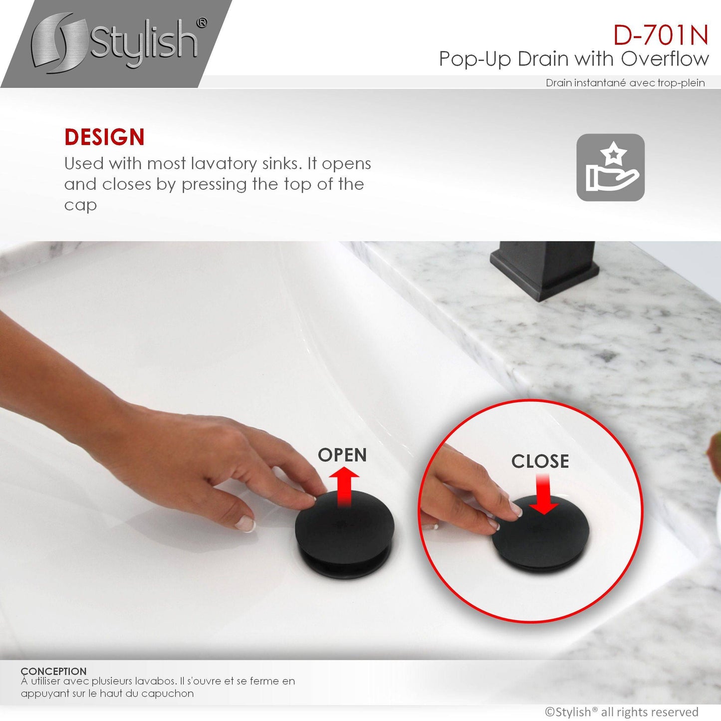 Stylish Pop-Up Drain with Overflow D-701N - Renoz