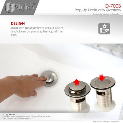 Stylish Pop-Up Drain with Overflow, Brushed Nickel Finish D-700B - Renoz