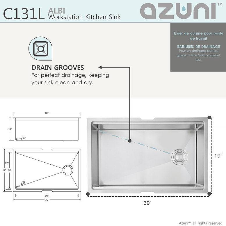 Azuni Albi 30" x 19" Reversible Undermount Workstation Single Bowl Kitchen Sink C131L - Renoz