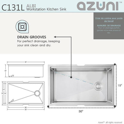 Azuni Albi 30" x 19" Reversible Undermount Workstation Single Bowl Kitchen Sink C131L - Renoz