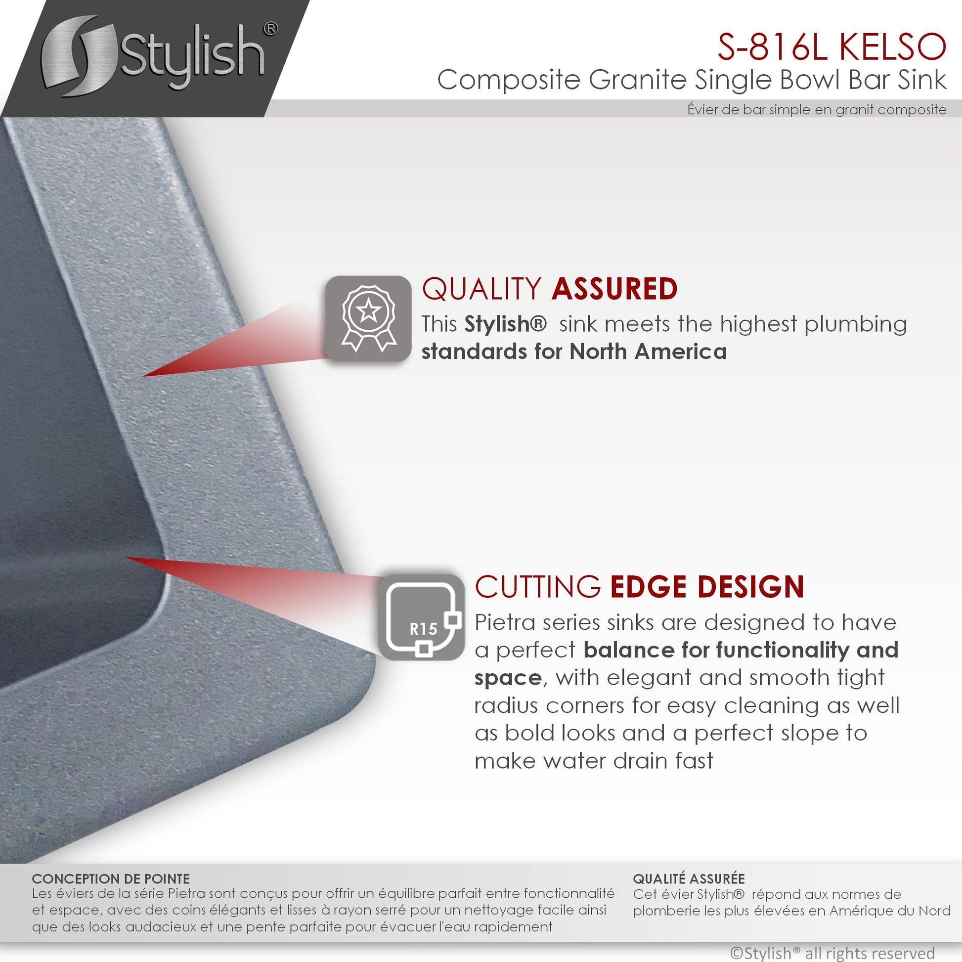 Stylish Kelso 15.5" x 17.5" Dual Mount Single Bowl Gray Composite Granite Kitchen Sink with Strainer - Renoz