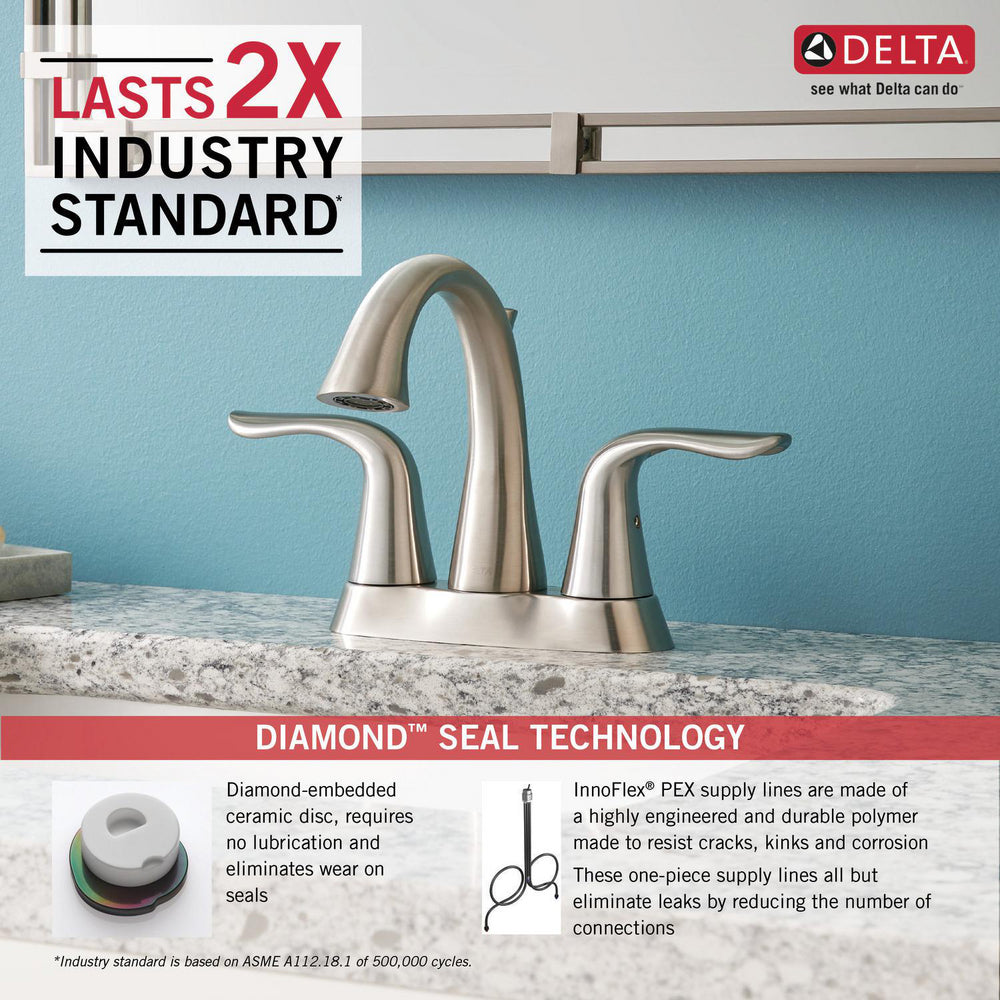 Delta LAHARA Two Handle Centerset 3 Hole Bathroom Faucet- Stainless