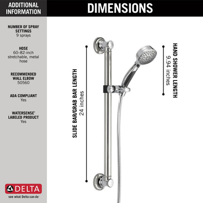 Delta Douchette à main ActivTouch à 9 réglages avec barre coulissante/barre d'appui traditionnelle - Chrome