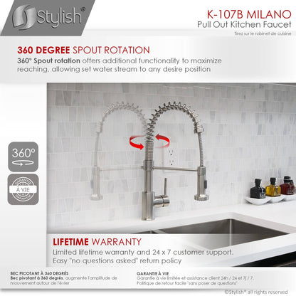 Stylish Milano 17.5" Kitchen Faucet Single Handle Pull Down Dual Mode Lead Free Brushed Nickel Finish K-107B - Renoz