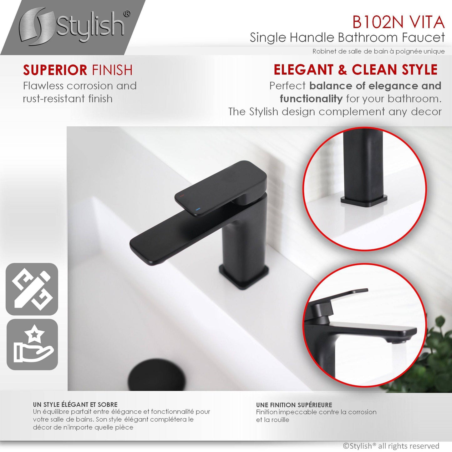 Stylish Vita Single Handle 6" Bathroom Faucet for Single Hole Brass Basin Mixer Tap, Matte Black Finish B-102N - Renoz