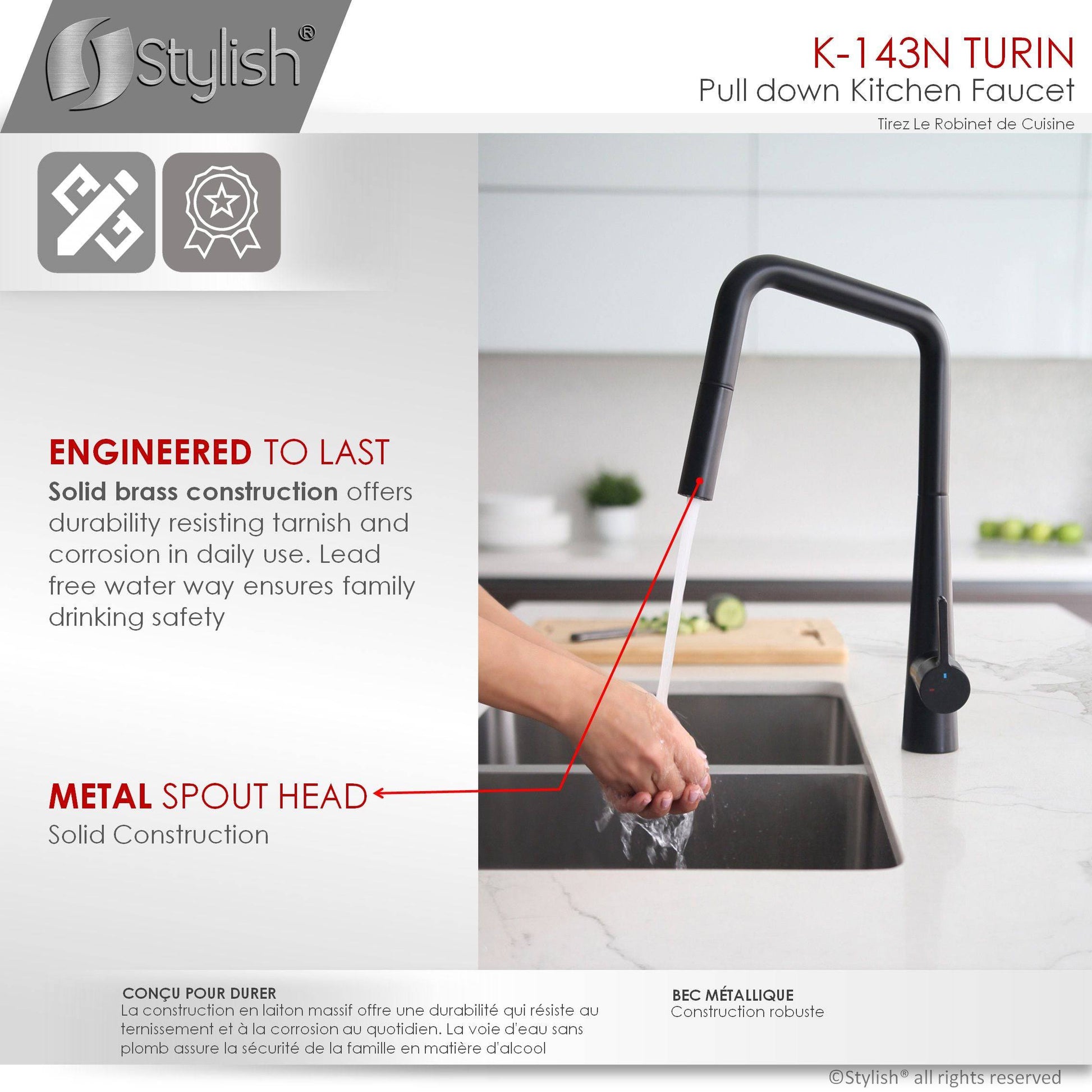 Stylish Turin 17" Kitchen Faucet Single Handle Pull Down Dual Mode Lead Free Matte Black K-143N - Renoz