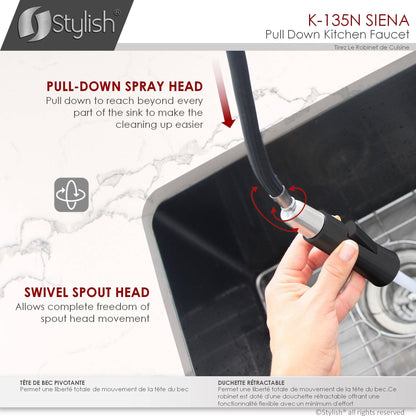 Stylish Siena 17" Kitchen Faucet Single Handle Pull Down Dual Mode Stainless Steel in Matte Black Finish K-135N - Renoz