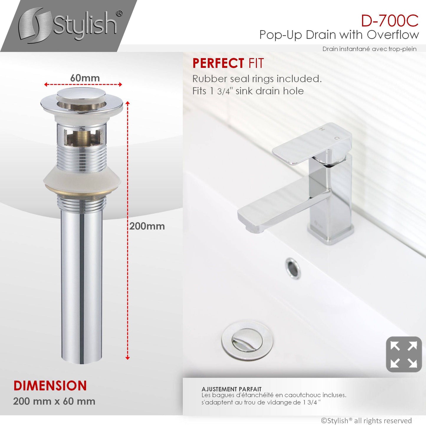 Stylish Pop-Up Drain with Overflow, Polished Chrome Finish D-700C - Renoz