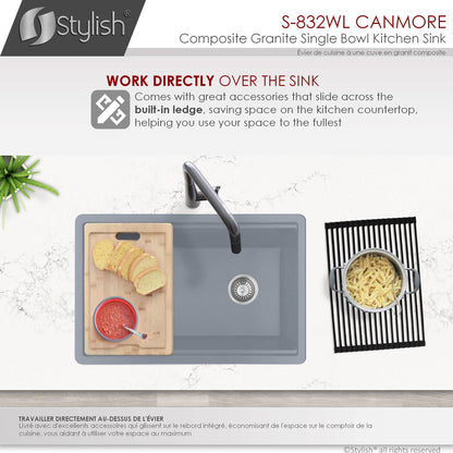 Stylish Canmore 32" x 18" Dual Mount Workstation Single Bowl Gray Composite Granite Kitchen Sink with Built in Accessories - Renoz