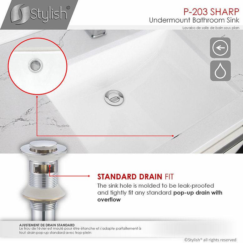 Stylish Sharp 21.25" x 14.5" Rectangular Undermount Bathroom Sink with Overflow Polished Chrome P-203 - Renoz