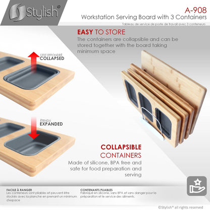 Stylish Workstation Serving Board With 3 Containers A-908 - Renoz