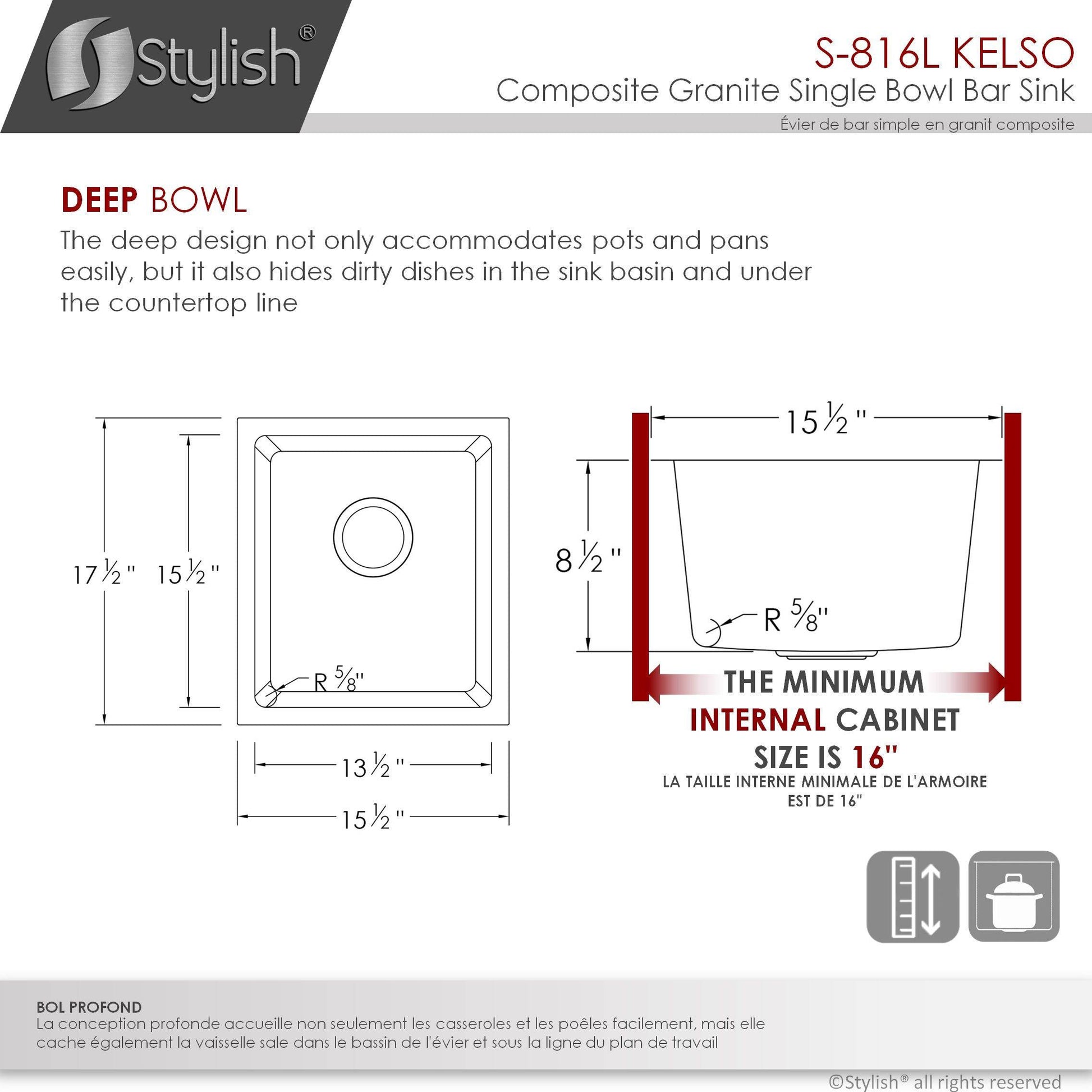 Stylish Kelso 15.5" x 17.5" Dual Mount Single Bowl Gray Composite Granite Kitchen Sink with Strainer - Renoz