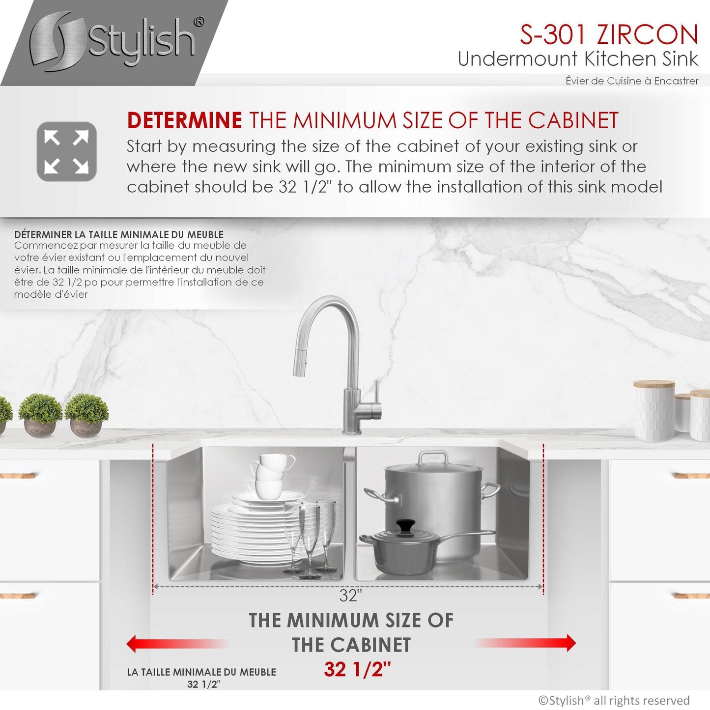 Stylish Zircon 32" x 18" Double Bowl Undermount Stainless Steel Kitchen Sink S-301G - Renoz