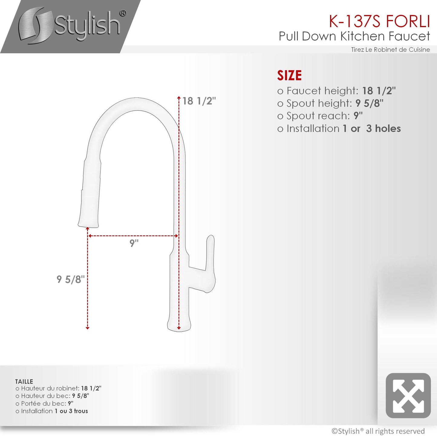 Stylish Forli 18.5" Kitchen Faucet Single Handle Pull Down Dual Mode Stainless Steel Brushed Finish K-137S - Renoz