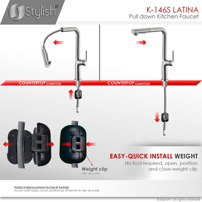 Stylish Latina 13" Kitchen Faucet Single Handle Pull Down Dual Mode Stainless Steel Brushed Finish K-146S - Renoz