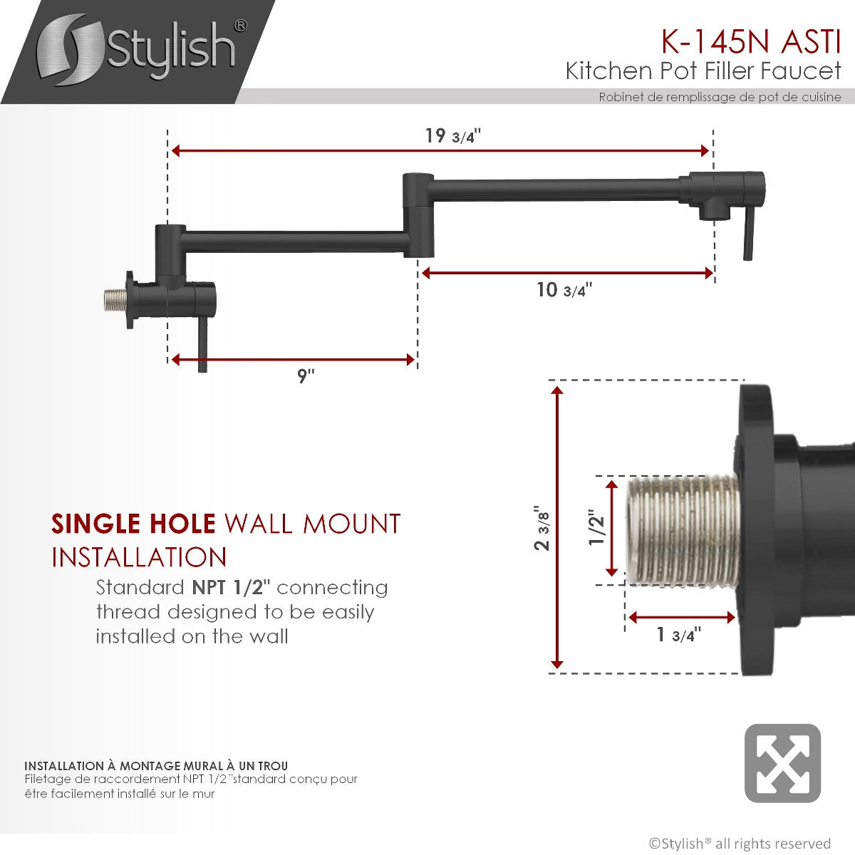 K-145N Pot de remplissage mural élégant en acier inoxydable pliable et extensible avec un seul trou et deux poignées - Finition noire mate K-145N 