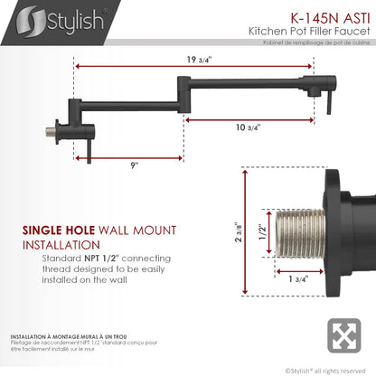 K-145N Pot de remplissage mural élégant en acier inoxydable pliable et extensible avec un seul trou et deux poignées - Finition noire mate K-145N 