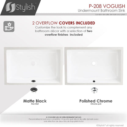 Stylish Voguish 24" x 16" Rectangular Undermount Ceramic Bathroom Sink with 2 Overflow Finishes P-208 - Renoz