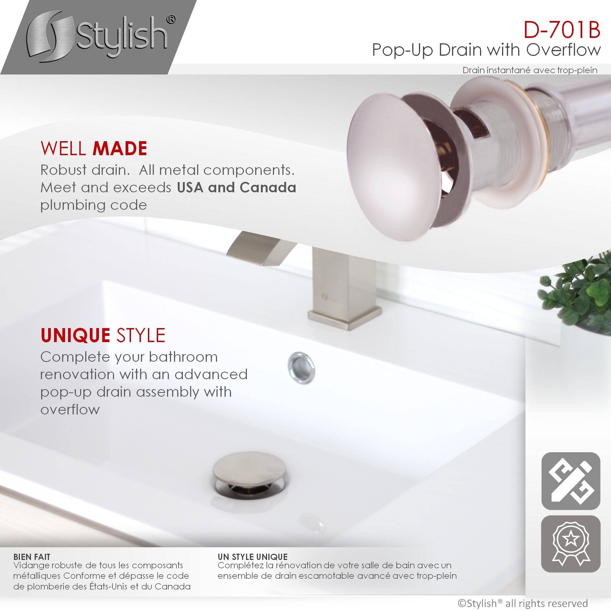 Stylish Pop-Up Drain with Overflow, Brushed Nickel Finish D-701B - Renoz