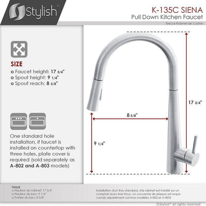 Stylish Siena Kitchen Faucet Single Handle Pull Down Dual Mode Stainless Steel Polished Chrome Finish K-135C - Renoz