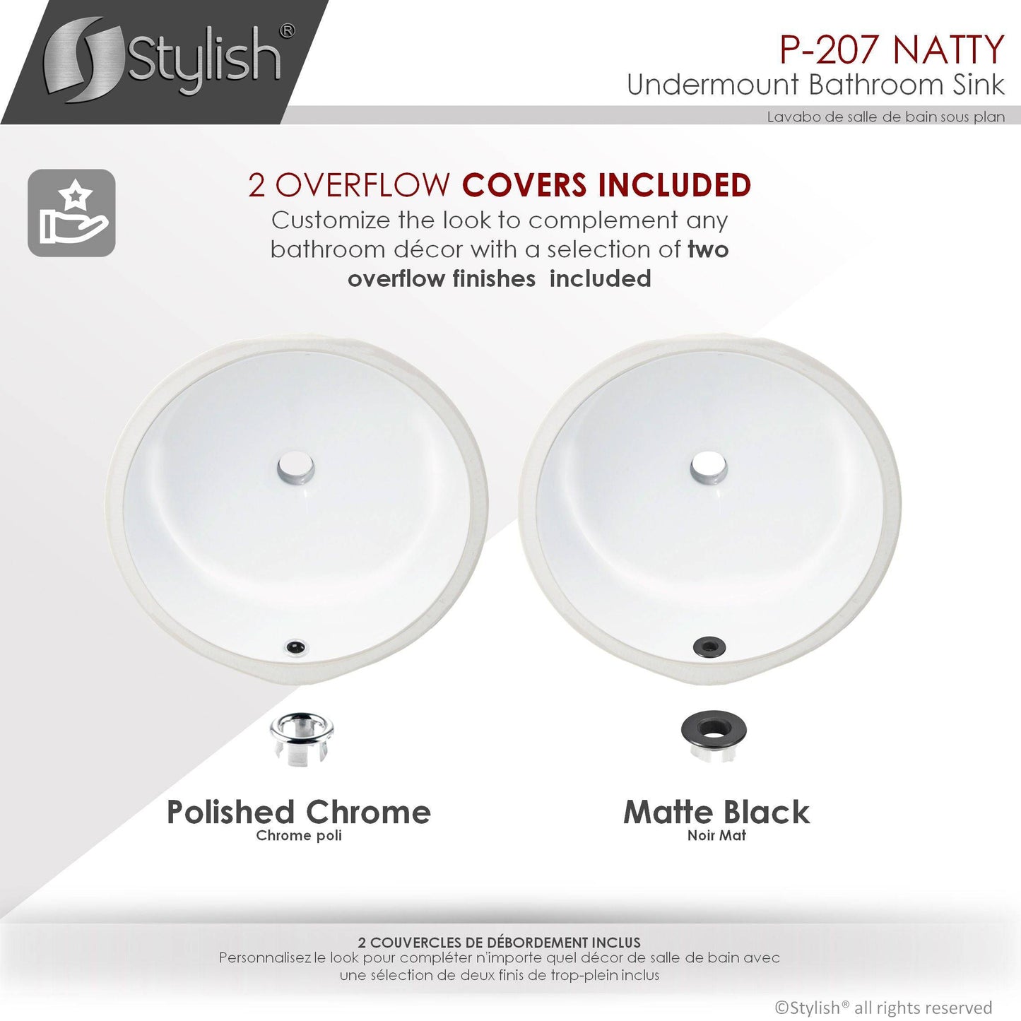 Stylish Natty 16" x 16" Round Undermount Ceramic Bathroom Sink with 2 Overflow Finishes P-207 - Renoz