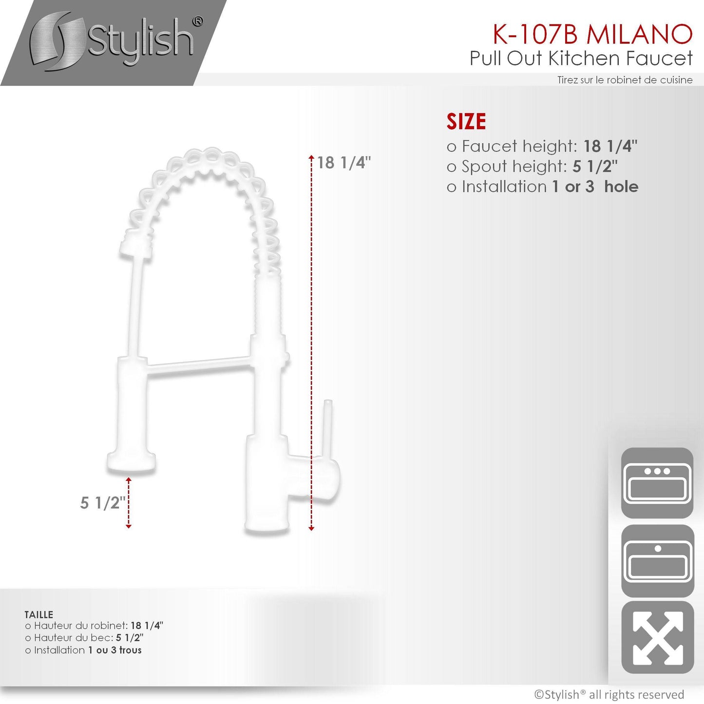 Stylish Milano 17.5" Kitchen Faucet Single Handle Pull Down Dual Mode Lead Free Brushed Nickel Finish K-107B - Renoz