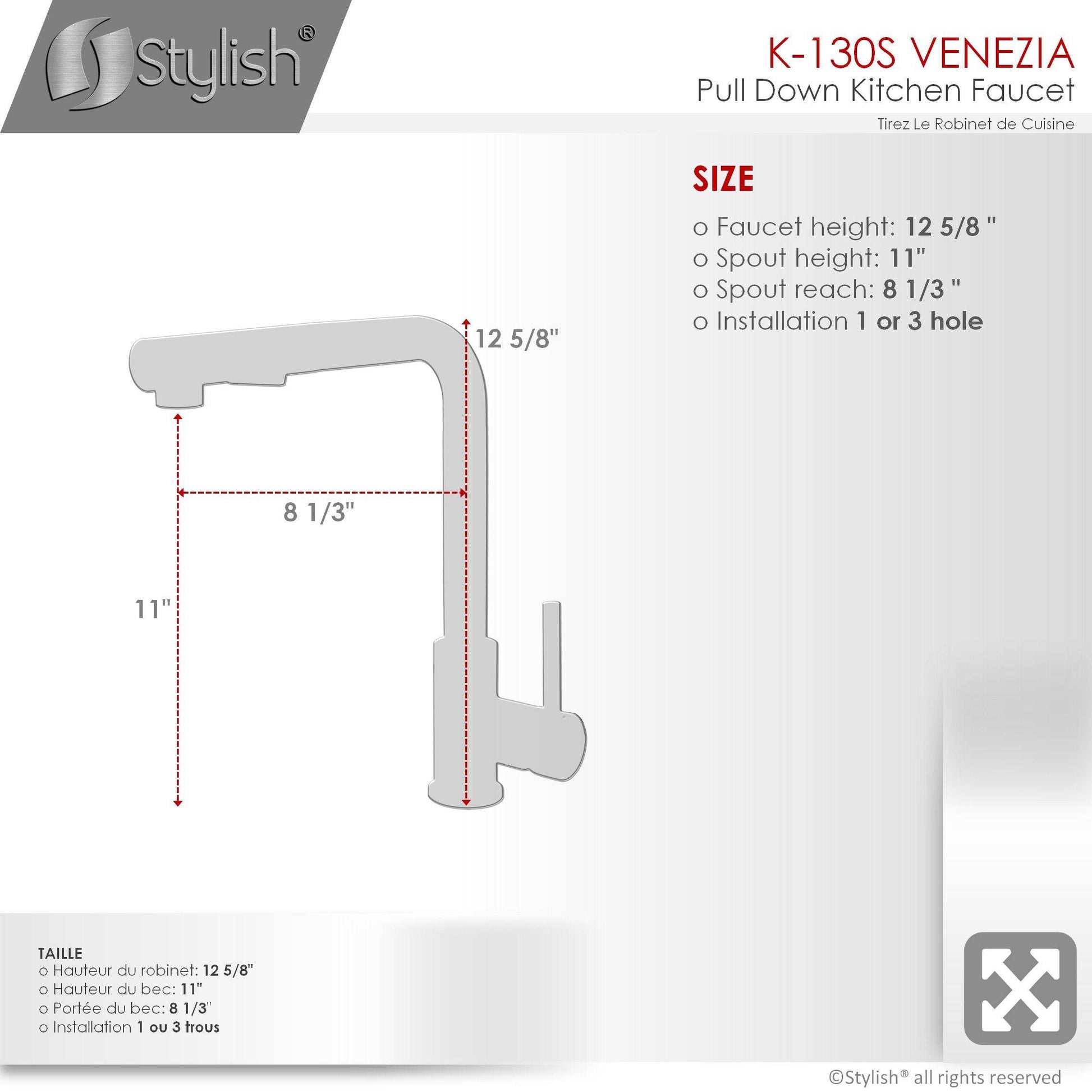 Stylish Venezia 12" Kitchen Faucet Single Handle Pull Down Dual Mode Stainless Steel, Brushed Finish K-130S - Renoz