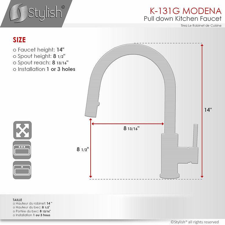 Stylish Modena 14" Kitchen Faucet Single Handle Pull Down Dual Mode Stainless Steel Gold Finish K-131G - Renoz