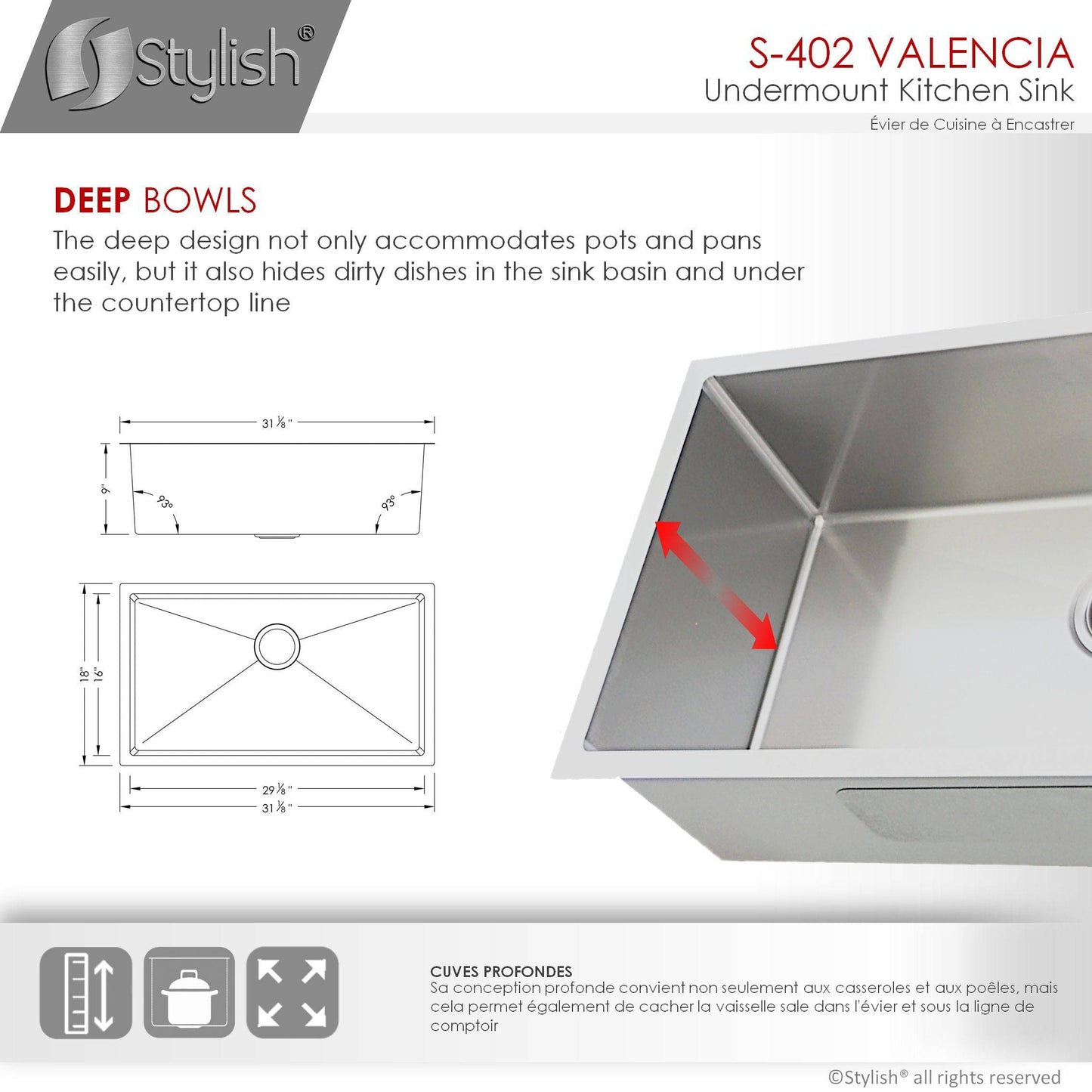 Stylish Valencia 31.13" x 18" Single Bowl Undermount Stainless Steel Kitchen Sink S-402G - Renoz