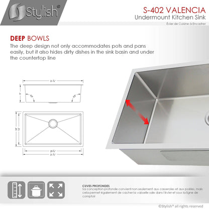 Stylish Valencia 31.13" x 18" Single Bowl Undermount Stainless Steel Kitchen Sink S-402G - Renoz