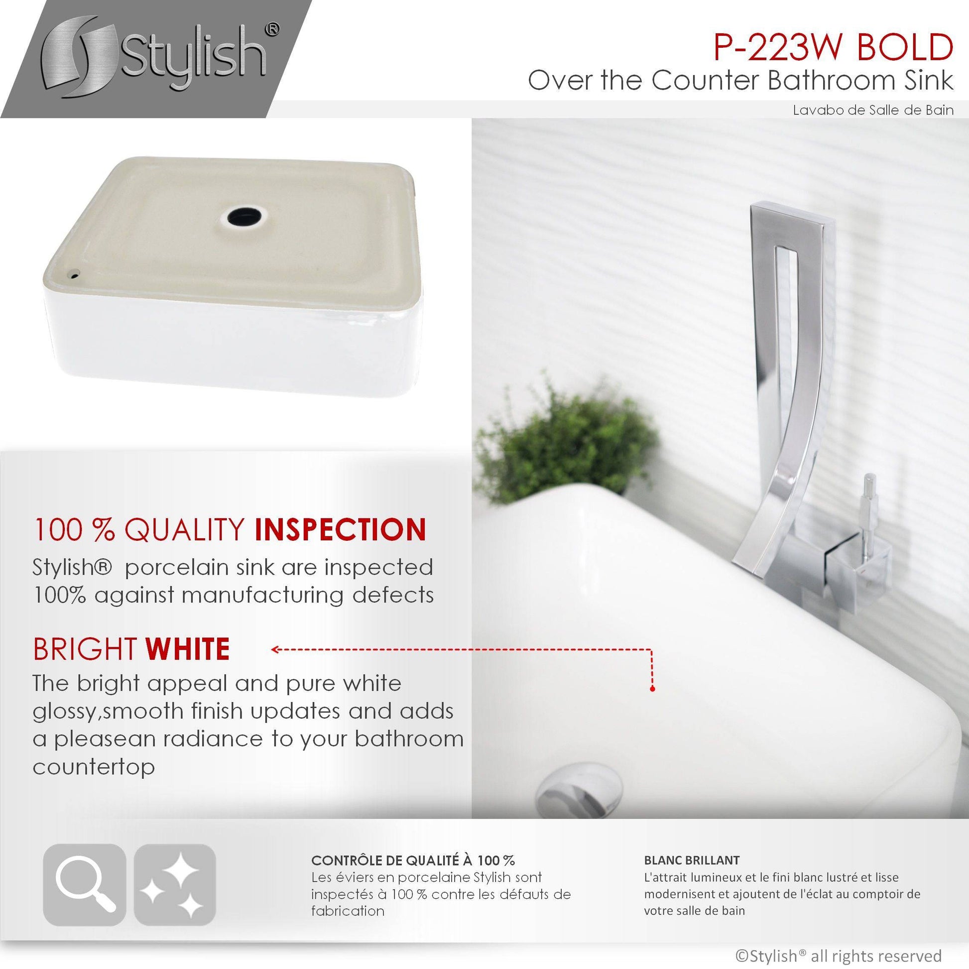 Stylish Bold 18.75" x 14.5" Rectangular Vessel Bathroom Sink White P-223W - Renoz