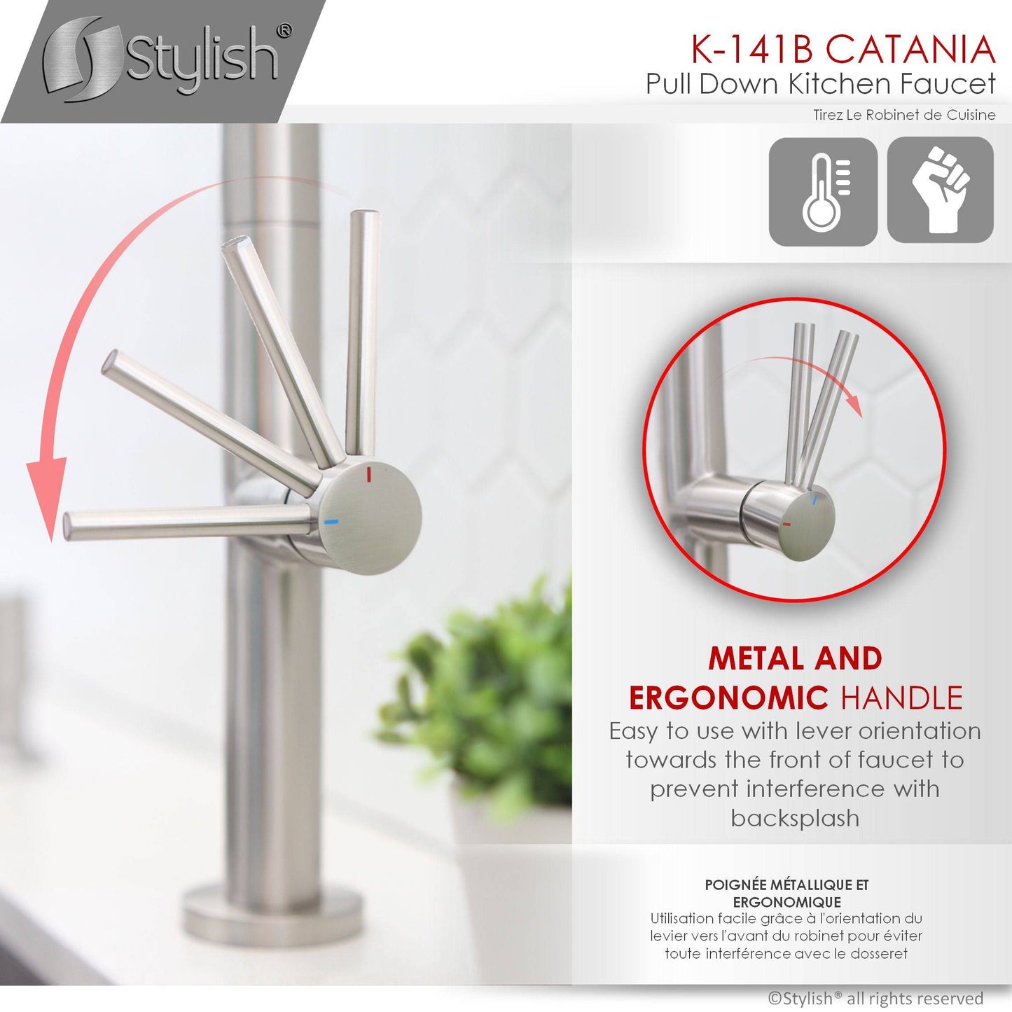 Stylish Catania 17.25" Kitchen Faucet Single Handle Pull Down Dual Mode Lead Free Brushed Nickel Finish K-141B - Renoz