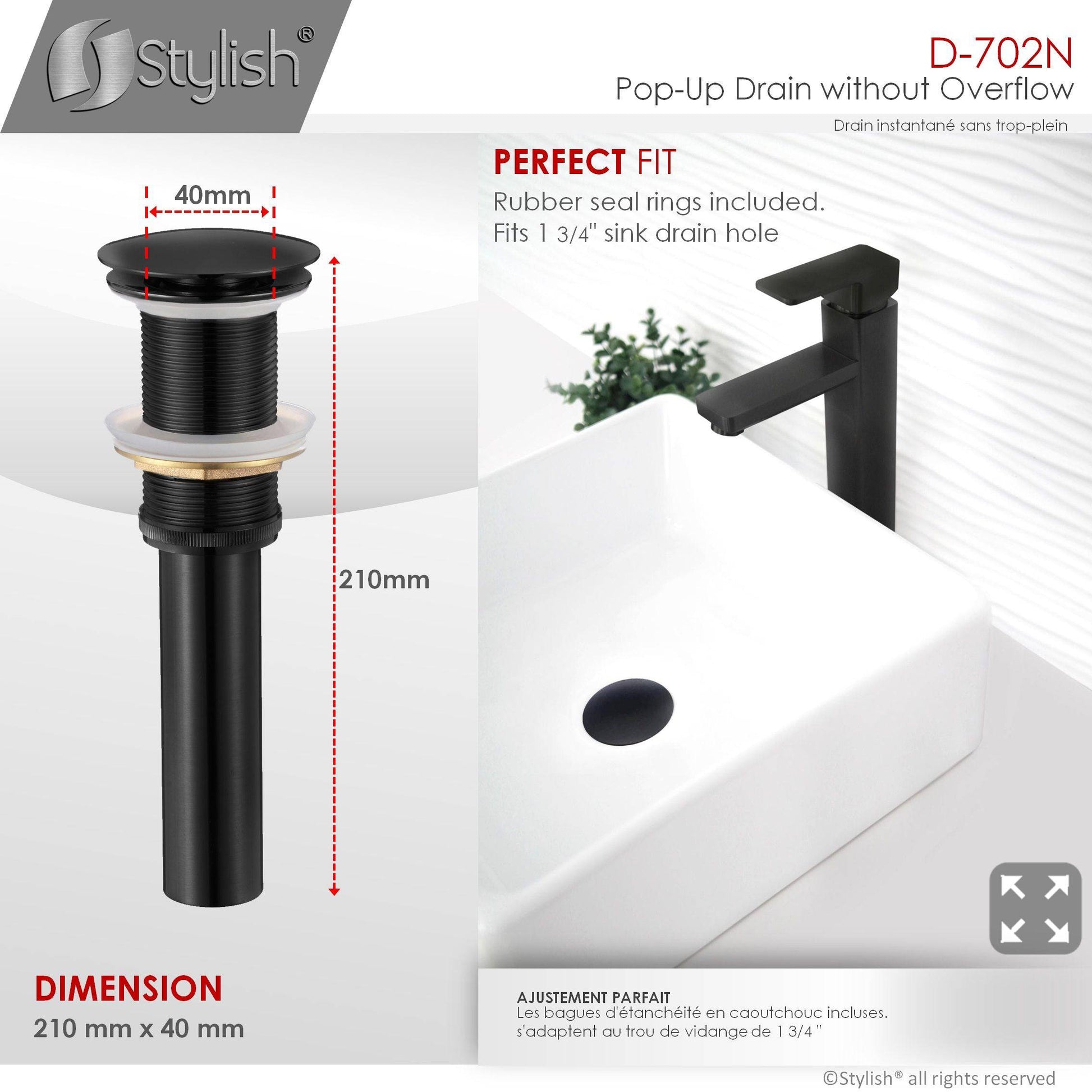 Stylish Pop-Up Drain with Overflow D-702N - Renoz