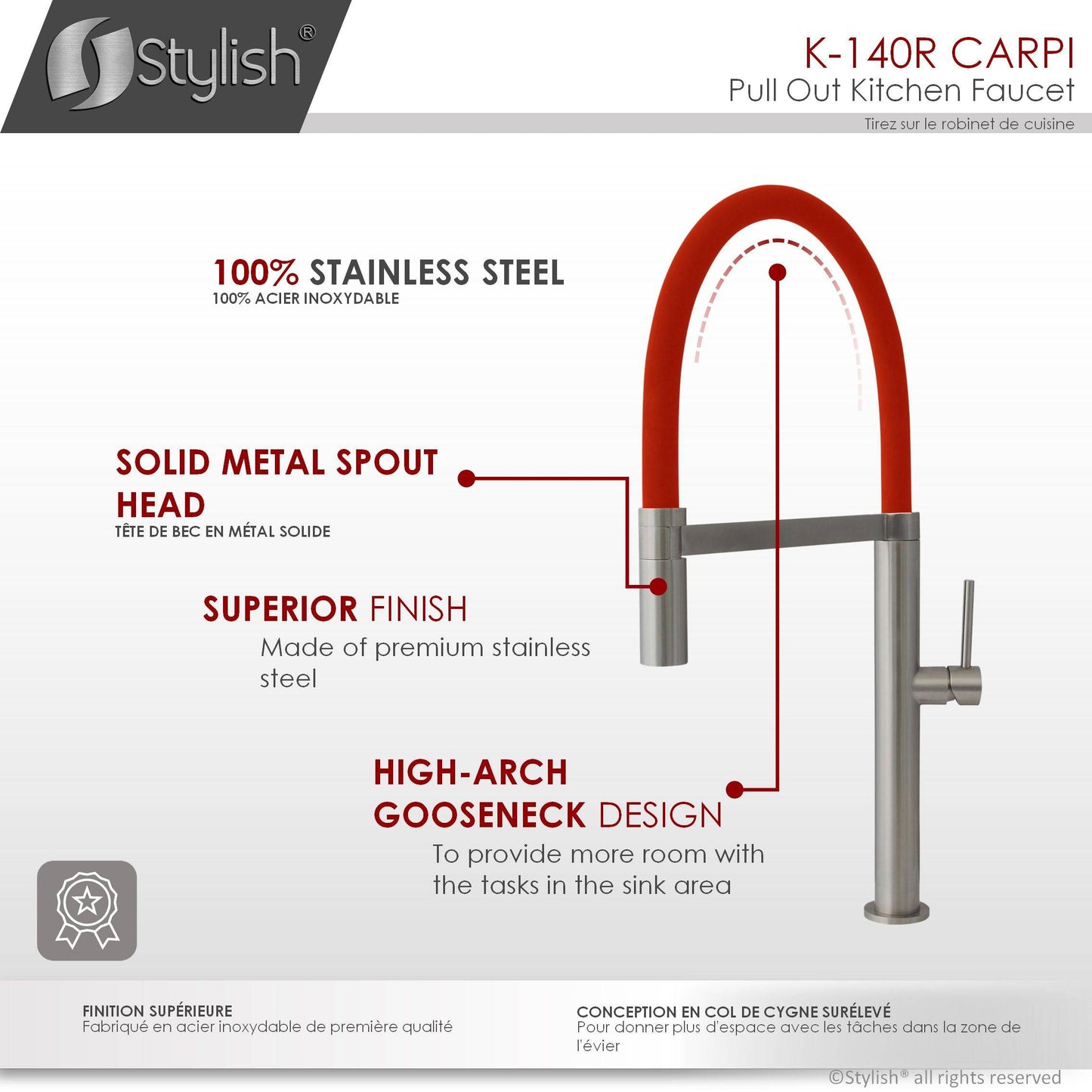 Stylish Carpi 20" Stainless Steel Single Handle Pull Out Dual Mode Kitchen Faucet with Red Spout Hose K-140R - Renoz