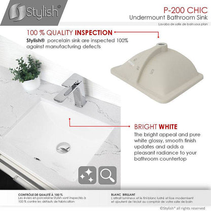 Stylish Chic 20.75" x 15.5" Rectangular Undermount Bathroom Sink with Overflow Polished Chrome P-200 - Renoz